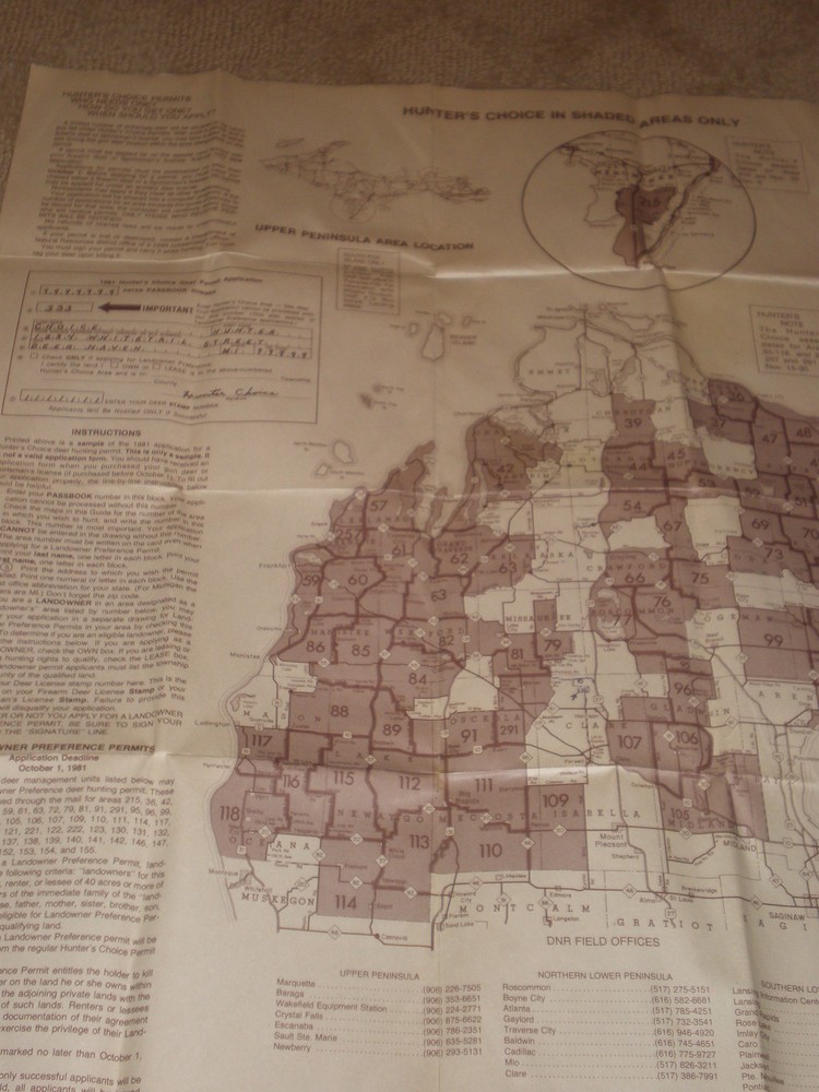 1 Each: APPLICATION GUIDE FOR 1981 & 1982 HUNTERS CHOICE Deer Permits with Maps