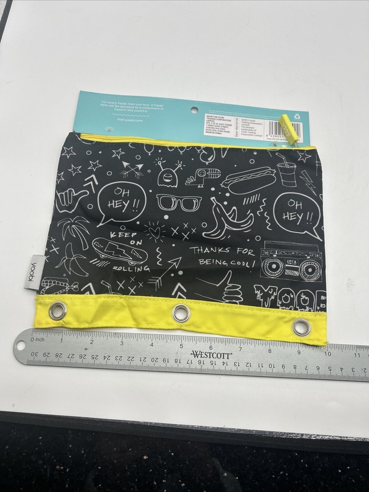 Yoobi Binder Zip Case Black & White Chalkboard Writing & Drawings Design