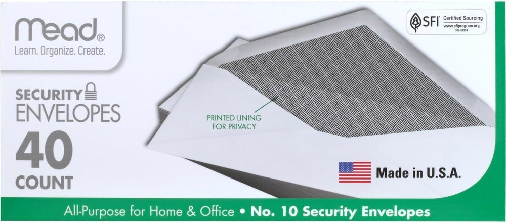 10 Envelopes, Letter Size, 4-1/8" x 9-1/2", Security Printed Lining for Privacy