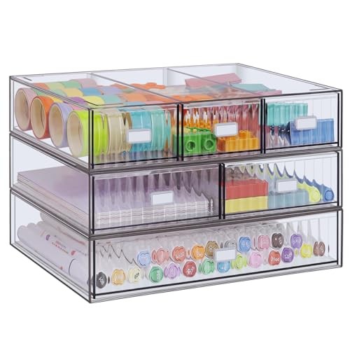 3 Tier Stackable Desk Organizer with 6 Drawers, Plastic Desktop Storage Clear