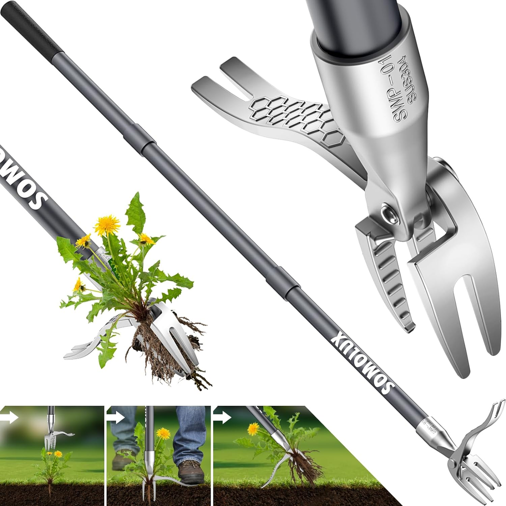 52'' Grass Puller Stand-Up Tool Heavy-Duty Stainless Claw with Long Metal Handle