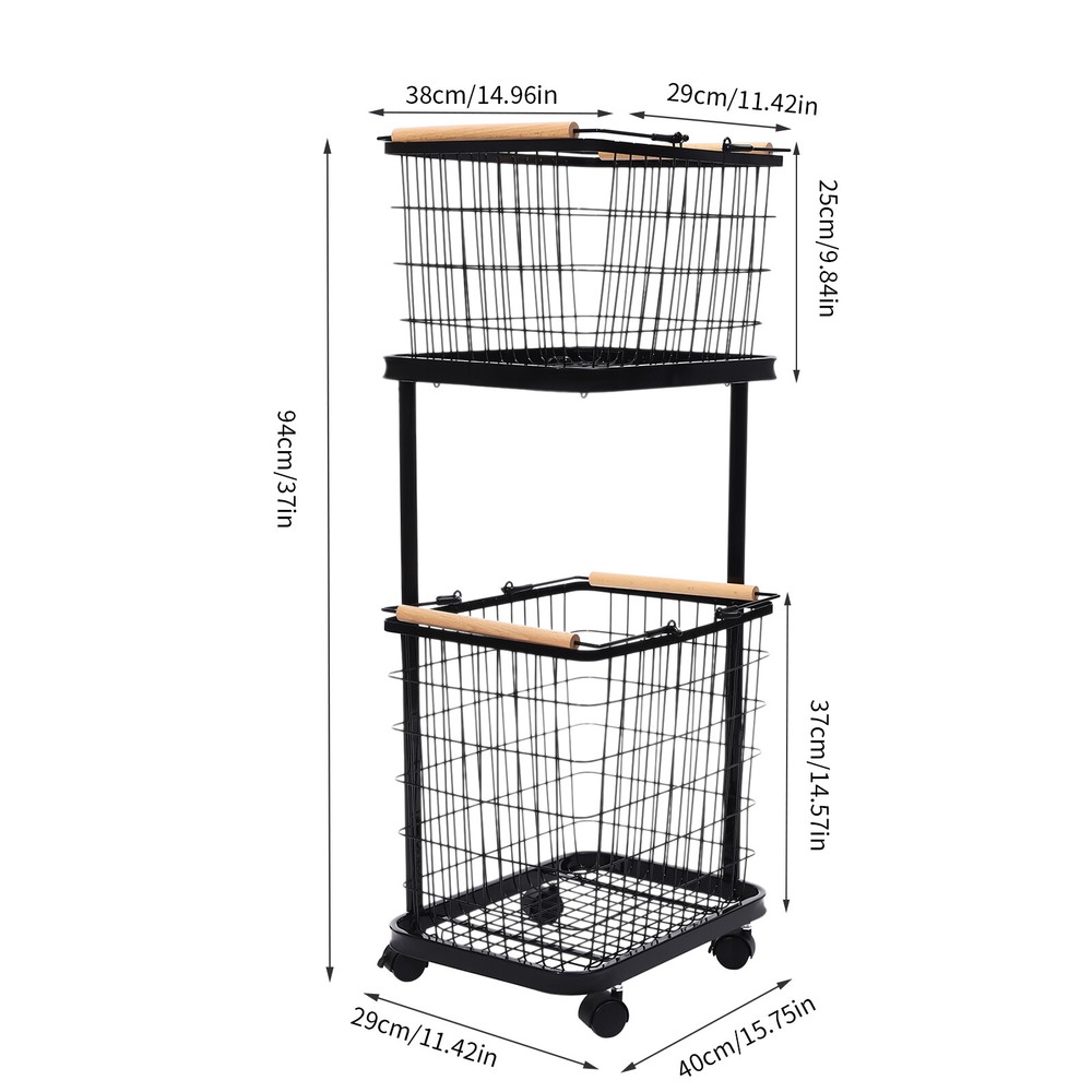 2 Tier Black Laundry Basket With Wheels Metal Rectangular Laundry Basket
