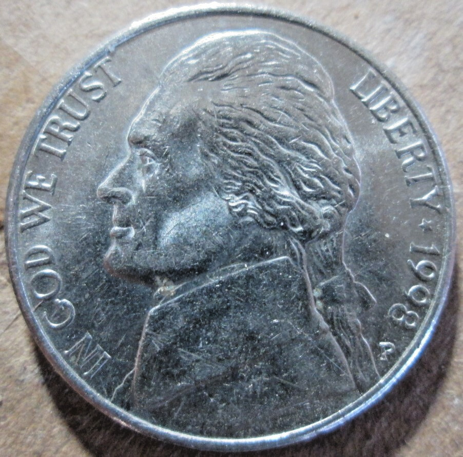 1998-P (FS) JEFFERSON NICKEL, REVERSE INTERIOR DIE BREAK (IDB), MS, CIRCULATED