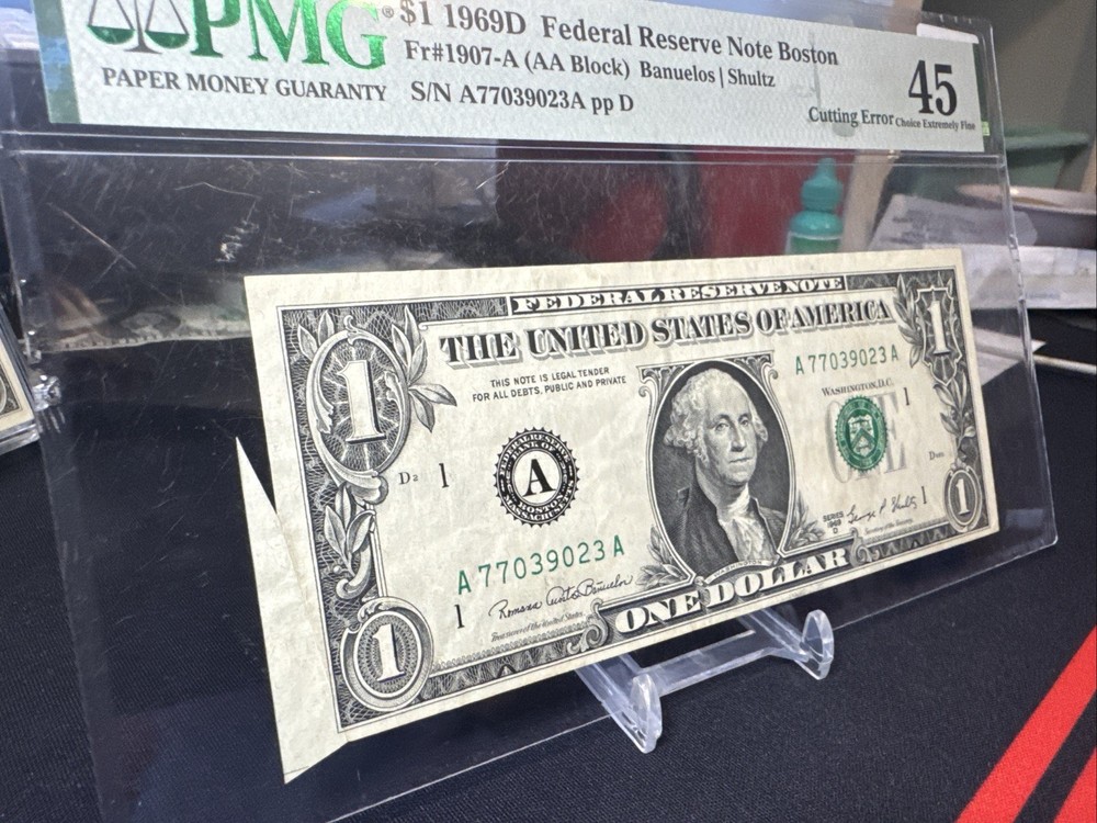 $1 Federal Reserve Bank Note - 1969D - Error Note - PMG 45 - Cutting Error