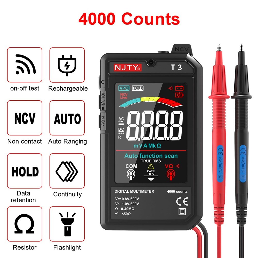 Multimeter, 4000 Counts, Rechargeable Auto-Ranging Digital Voltmeter with Non...