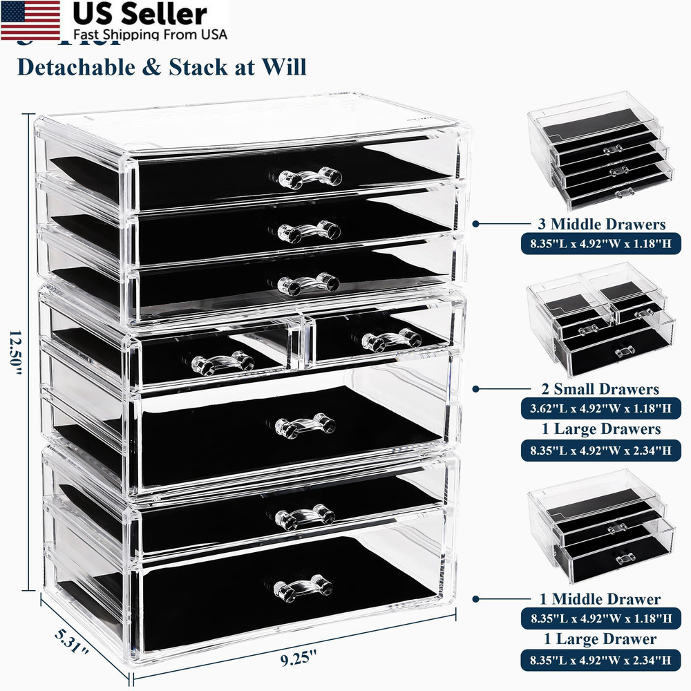Sea Team 3-Tier Stackable Clear Makeup Organizer 3-Tier, 8 Drawers,