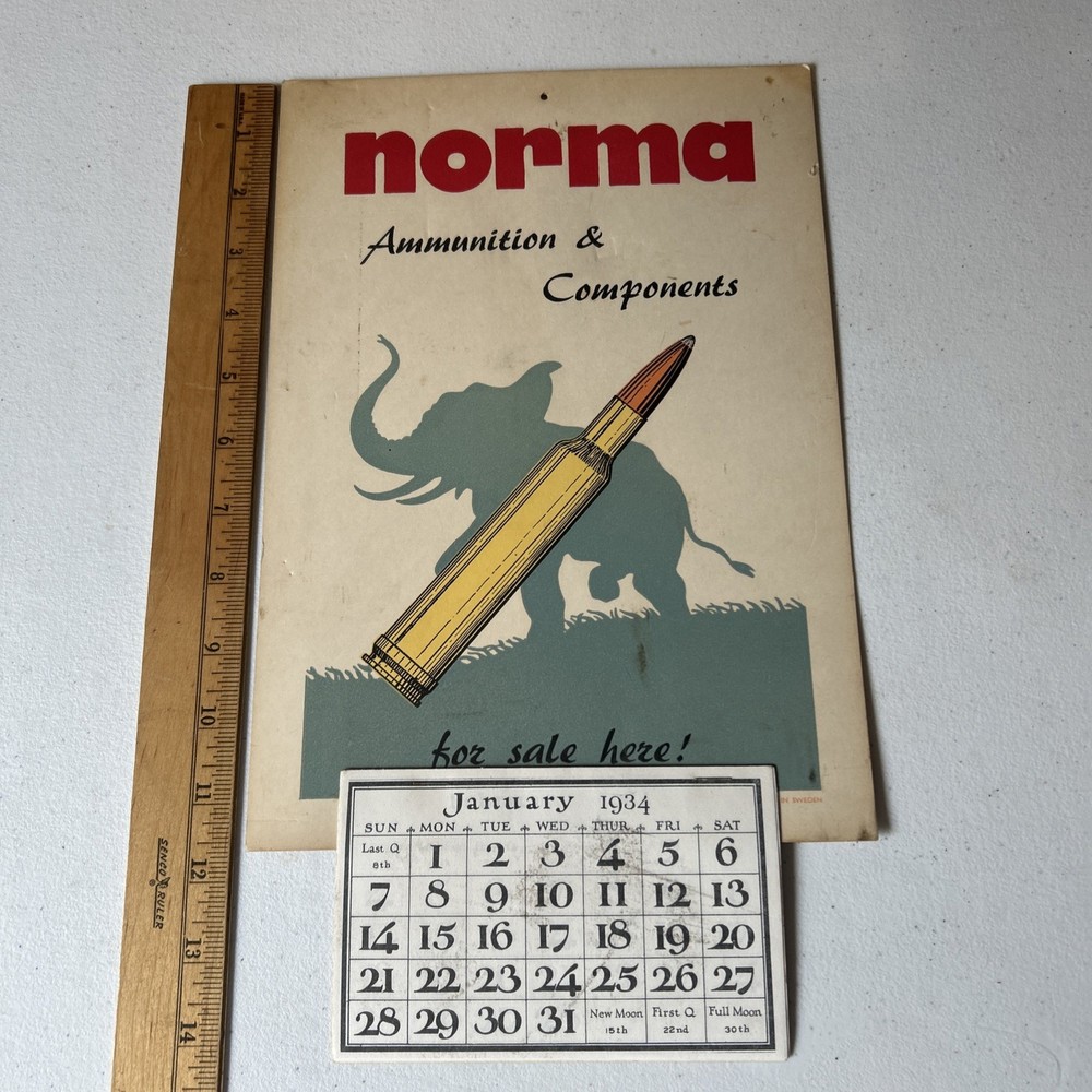 Original 1934 NORMA Ammunition & Components Sign / Calendar