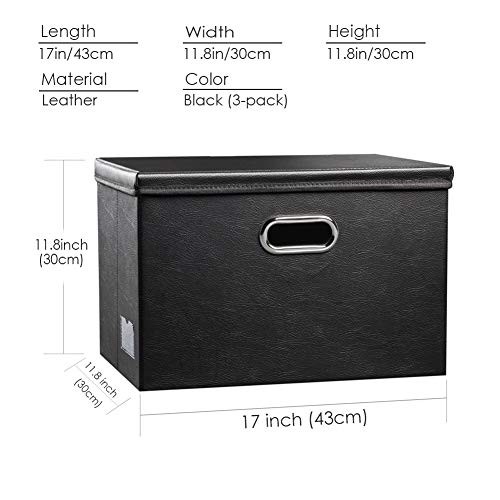 Large Foldable Storage Bins with Lids [3-Pack] Leather Large(3-Pack) Black