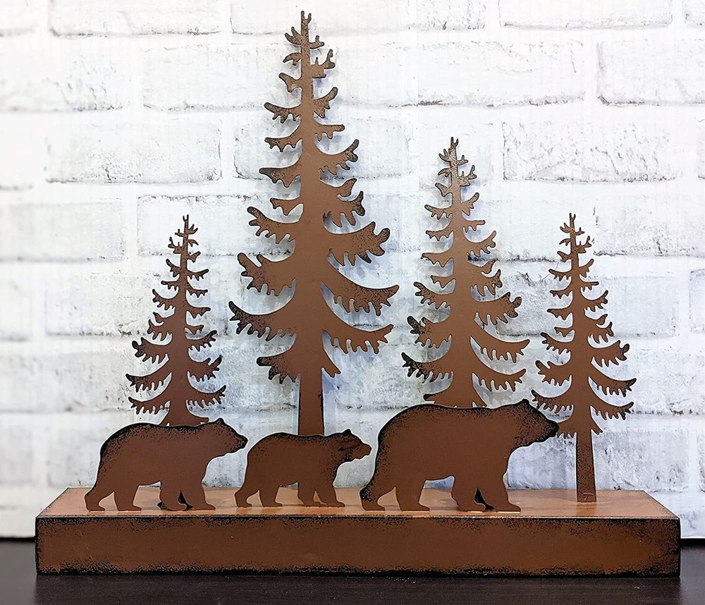 Rustic Brown Metal Bear Forest Silhouette Ambient Light NightStand Table Lamp