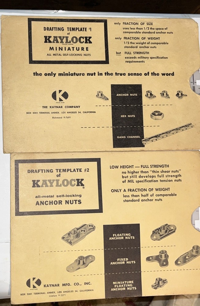 VINTAGE KAYLOCK MFG CO. DRAFTING TEMPLATE #1 & #2 FOR MINIATURE LOCKING NUTS. X