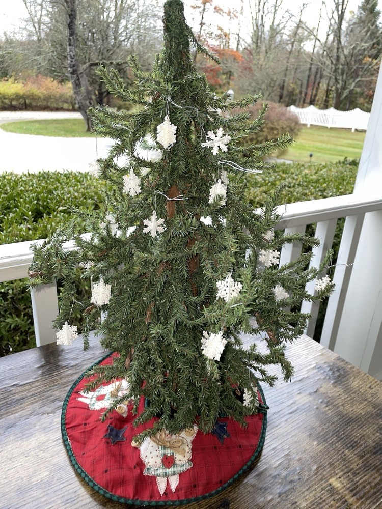 Primitive Rustic Artificial Christmas Tree Table Top with Ornaments & Tree Skirt