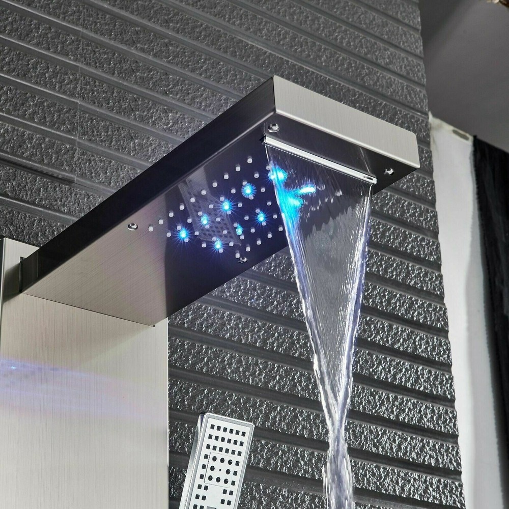 Shower Panel Tower System Brushed LED Rainfall Waterfall Massage Jets Body Tap