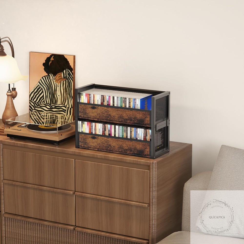 2-Tier CD Holder with Fabric Wood Grain Texture, Stackable CD Storage Case and