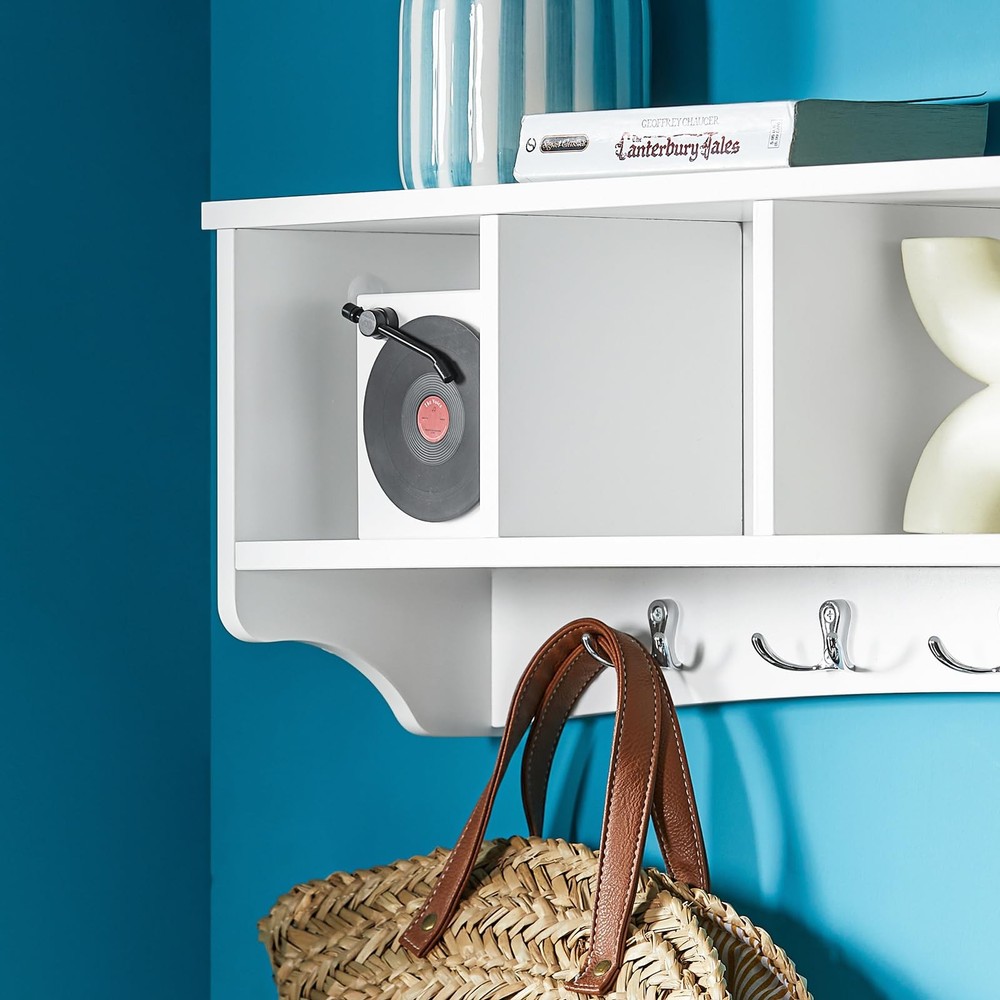 White Wall Shelf Coat Rack Mount Display Storage 5 Hooks Cupboard FRG48LW