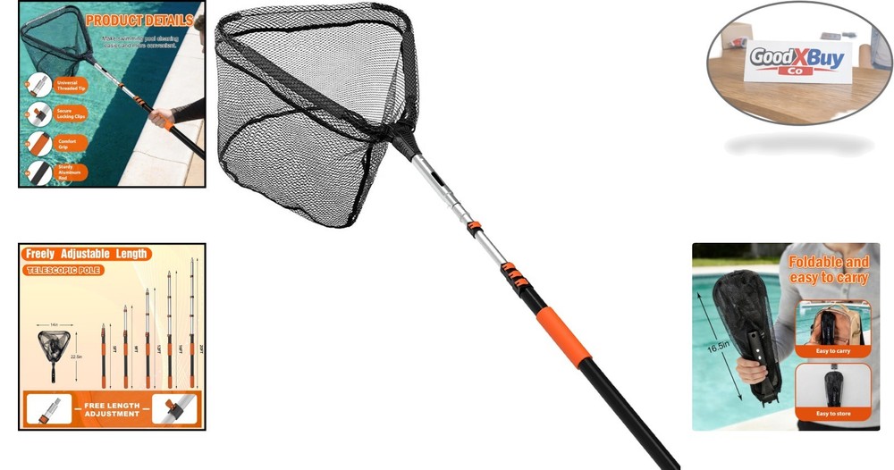 20FT Pool Skimmer Net with Telescopic Pole - Foldable & Heavy Duty Fine Mesh ...