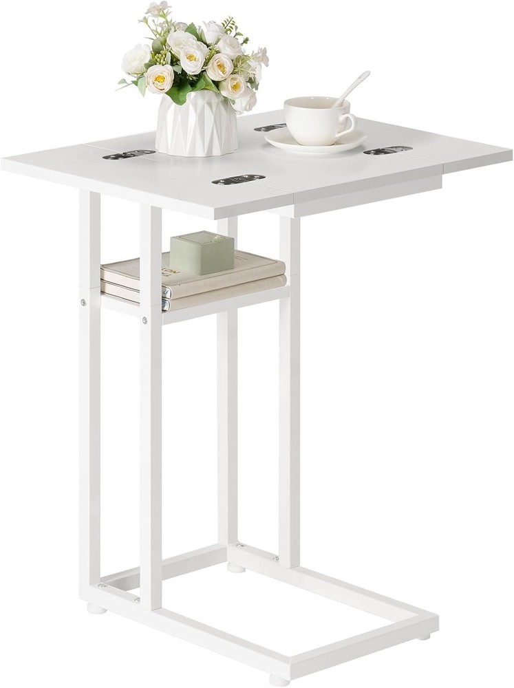 Small Snack Table Foldable End Table C Shaped Side Table W/ Storage Shelf