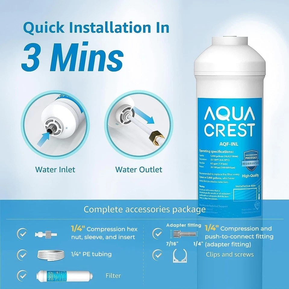 AQUA CREST 5 Years Capacity -Inline Water Filter for Refrigerator with 1/4-Inch