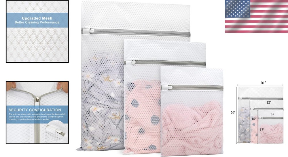 3-Piece Durable Diamond Mesh Laundry Bags for Delicates – Large, Medium, Small