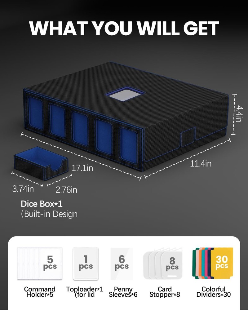 Trading Card Storage Box, 5 Row Deck Case with 4200+, Black & Blue
