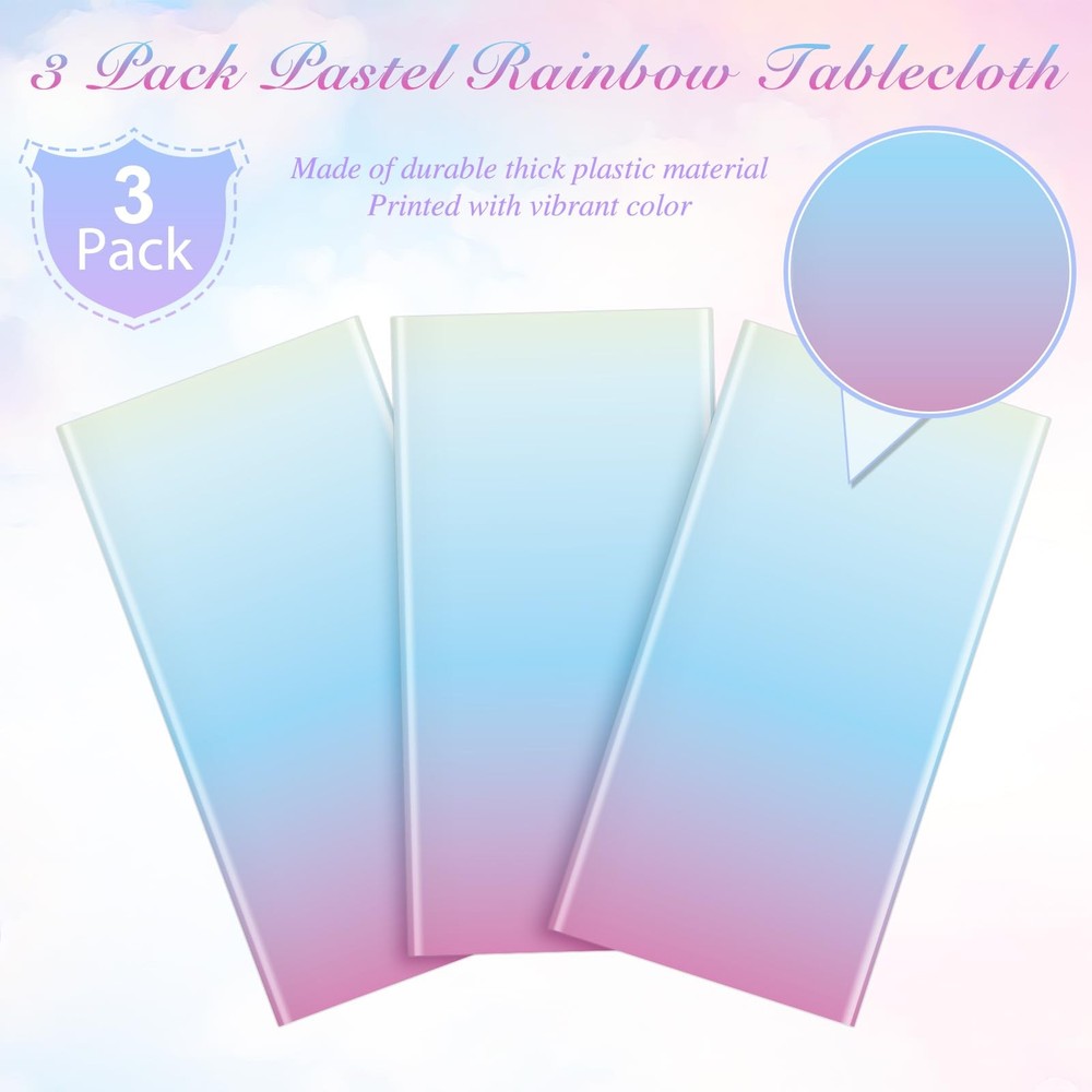3 Pack Pastel Rainbow Plastic Tablecloth Party Decorations, Pastel Disposable T