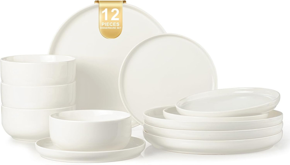 12 Piece Ceramic Dinnerware Set for 4 White Stoneware Plates Bowls