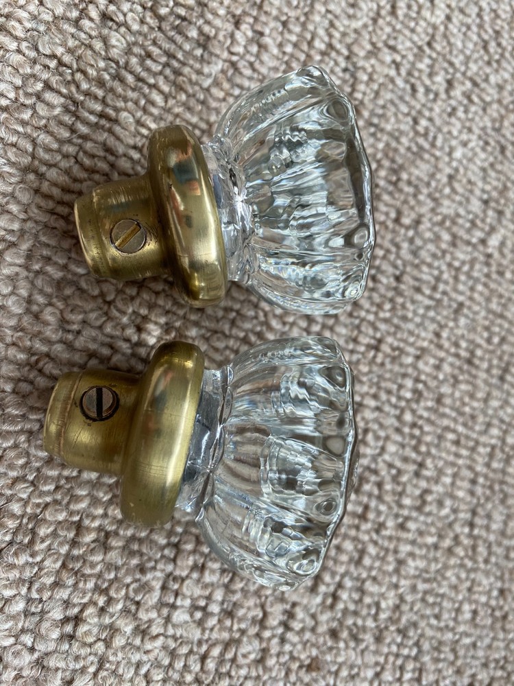 2 Antique Vintage Glass and brass  Door Knobs