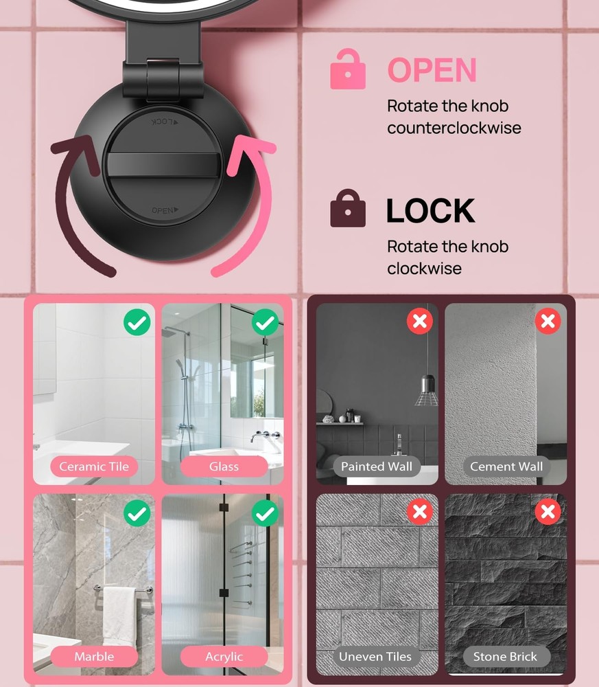 Suction Cup Magnifying Mirror with Light 10X, Wall Mounted Makeup Mirror with