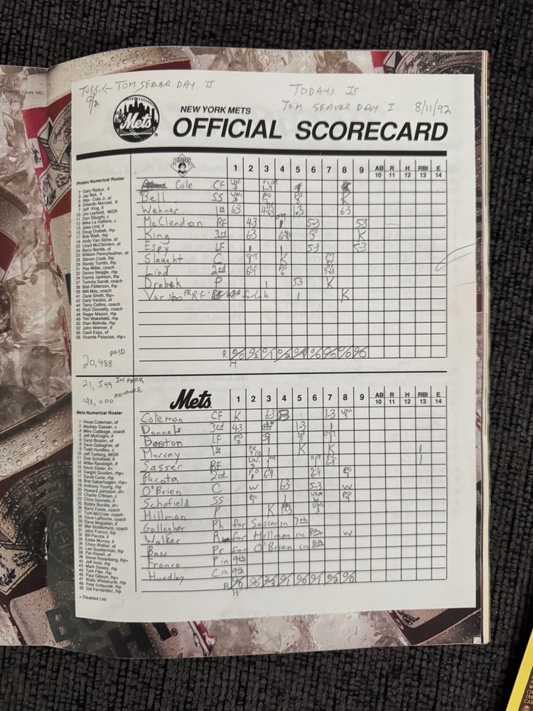 TOM SEAVER NIGHT 1992 PROGRAM 8/11/92 METS W/ EXTRA ITEMS