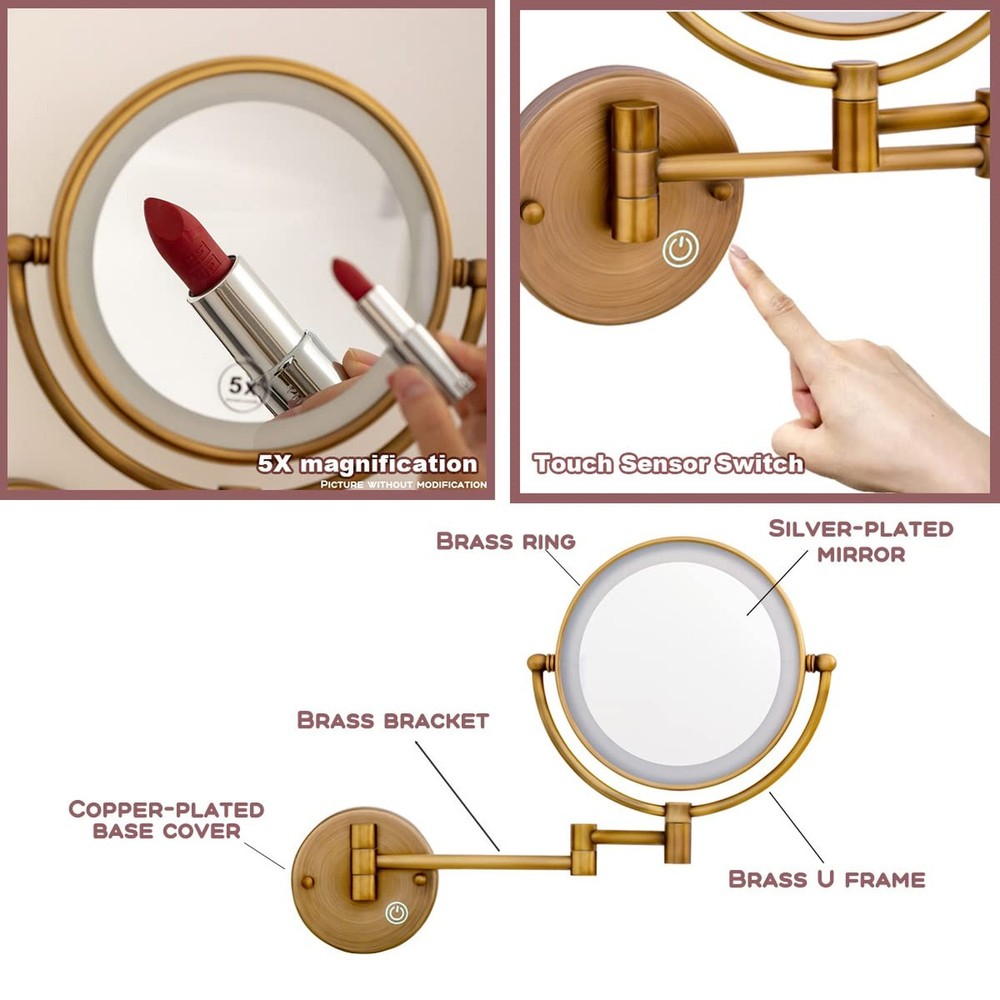 5X Wall Mount Magnifying Mirror with Light, Hardwired Brighter LED Bathroom V...