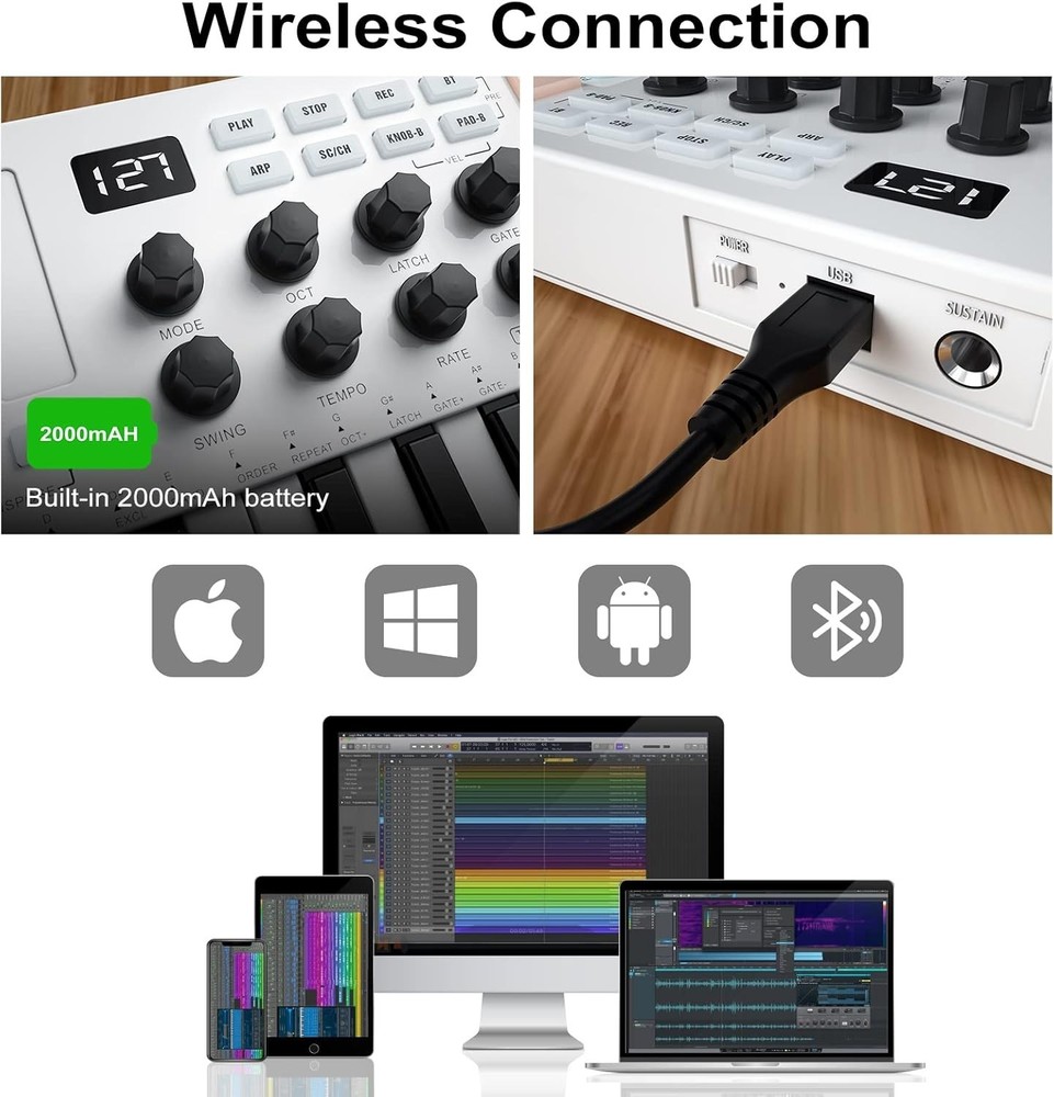 25 Key USB MIDI Keyboard Controller With 8 Backlit Drum Pads, Bluetooth Semi ...