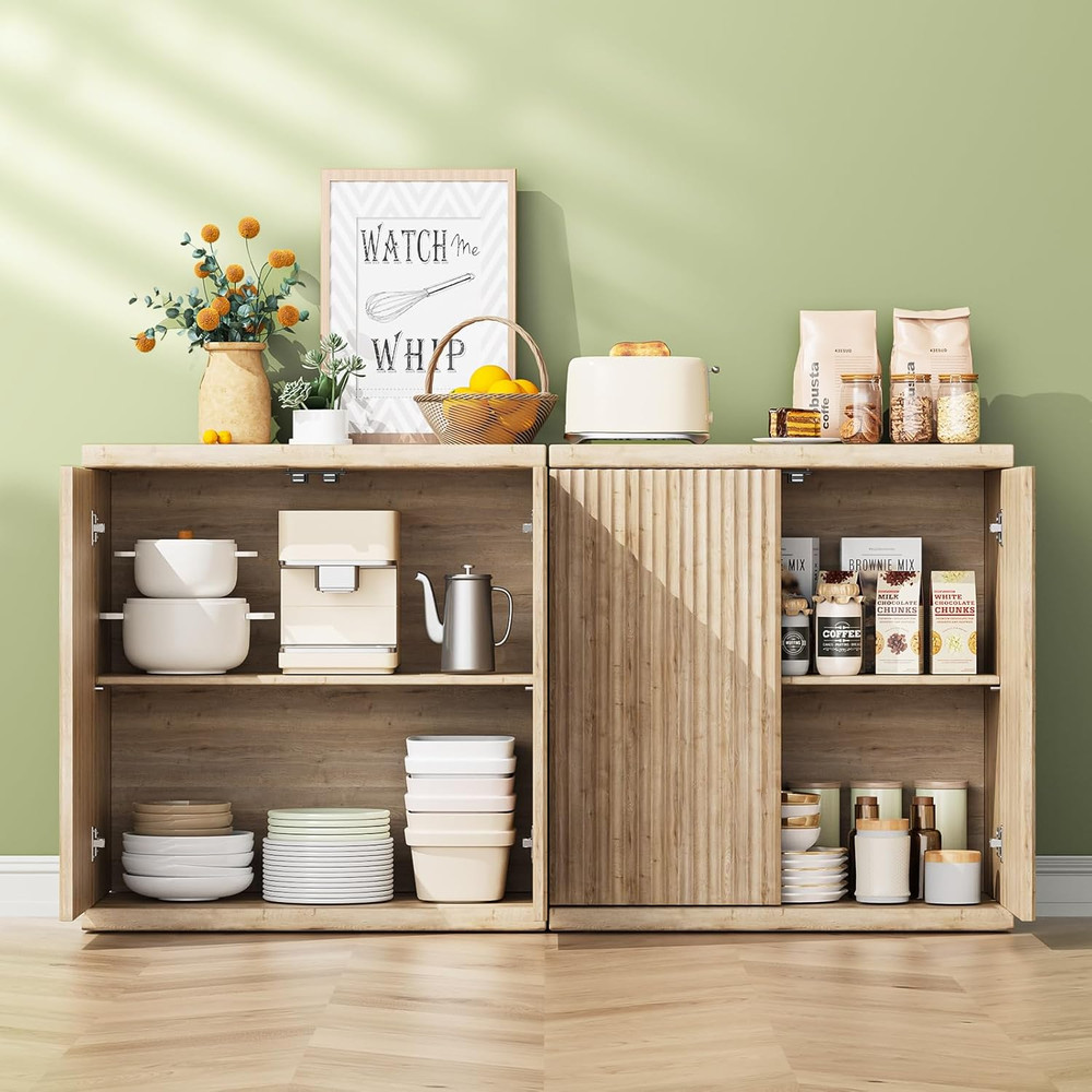 Modern Fluted Buffet Cabinet with Storage, 2 Doors & Adjustable Shelf, Oak
