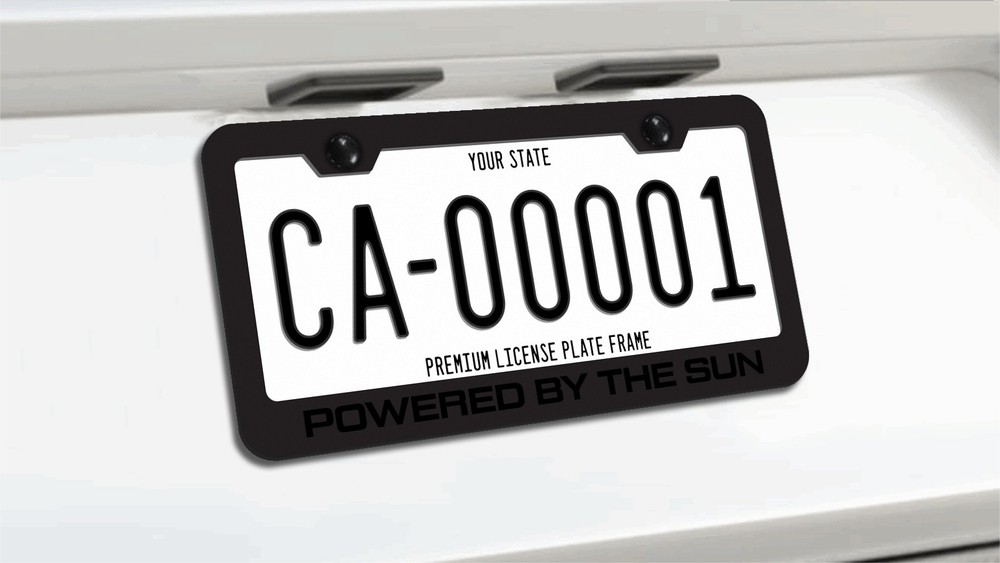 Powered By the Sun Tesla Black License Plate Frame
