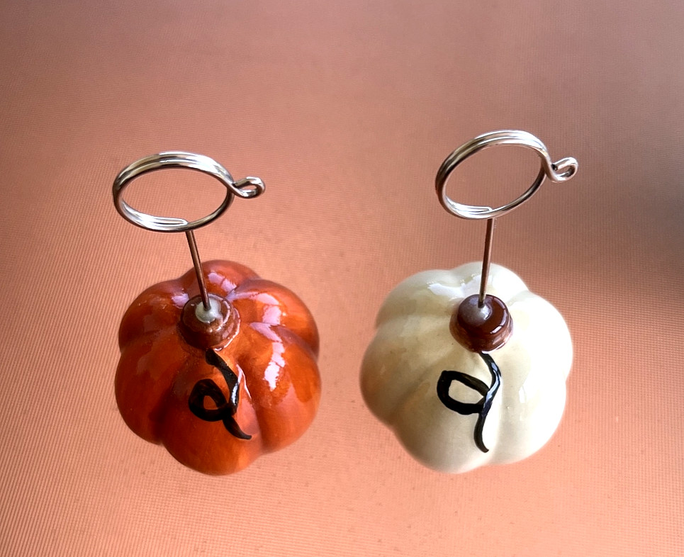 Ceramic Glazed Pumpkin Picture Recipe Note Holder Display Fall Thanksgiving 2-pc