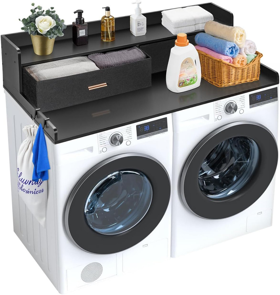 54" Wooden Laundry Countertop with 2 Drawers & Hooks - Black Storage Solution