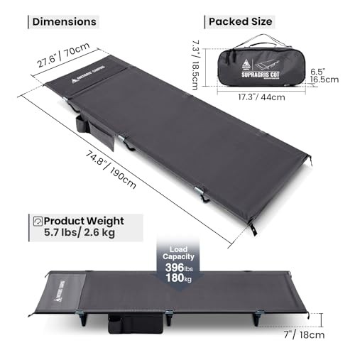 SUPRAGRIS Camping Cot, Support Up to 400lbs, Lightweight Comfortable Grey