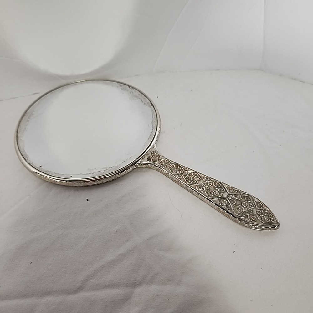 Vintage Silver Tone Handheld Mirror Double Sided Magnified