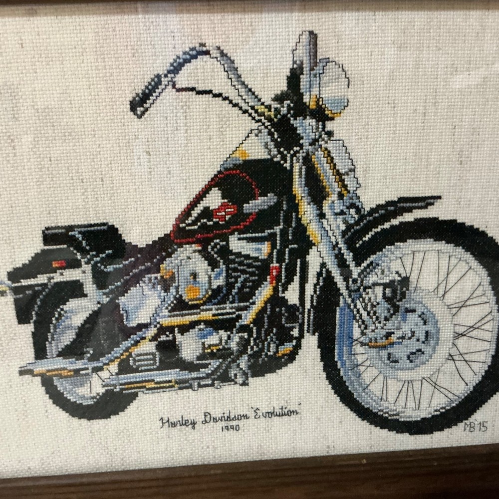 Completed Framed Cross Stitch HARLEY DAVIDSON EVOLUTION 1990