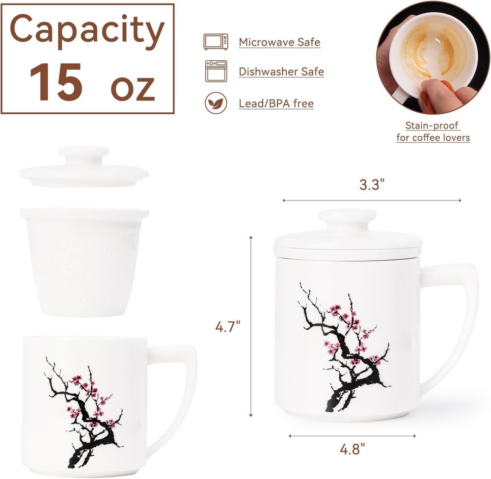 Ceramic Tea Mug with Infuser & Lid - 15oz Loose Leaf Tea Cup with Infuser,Hand-P