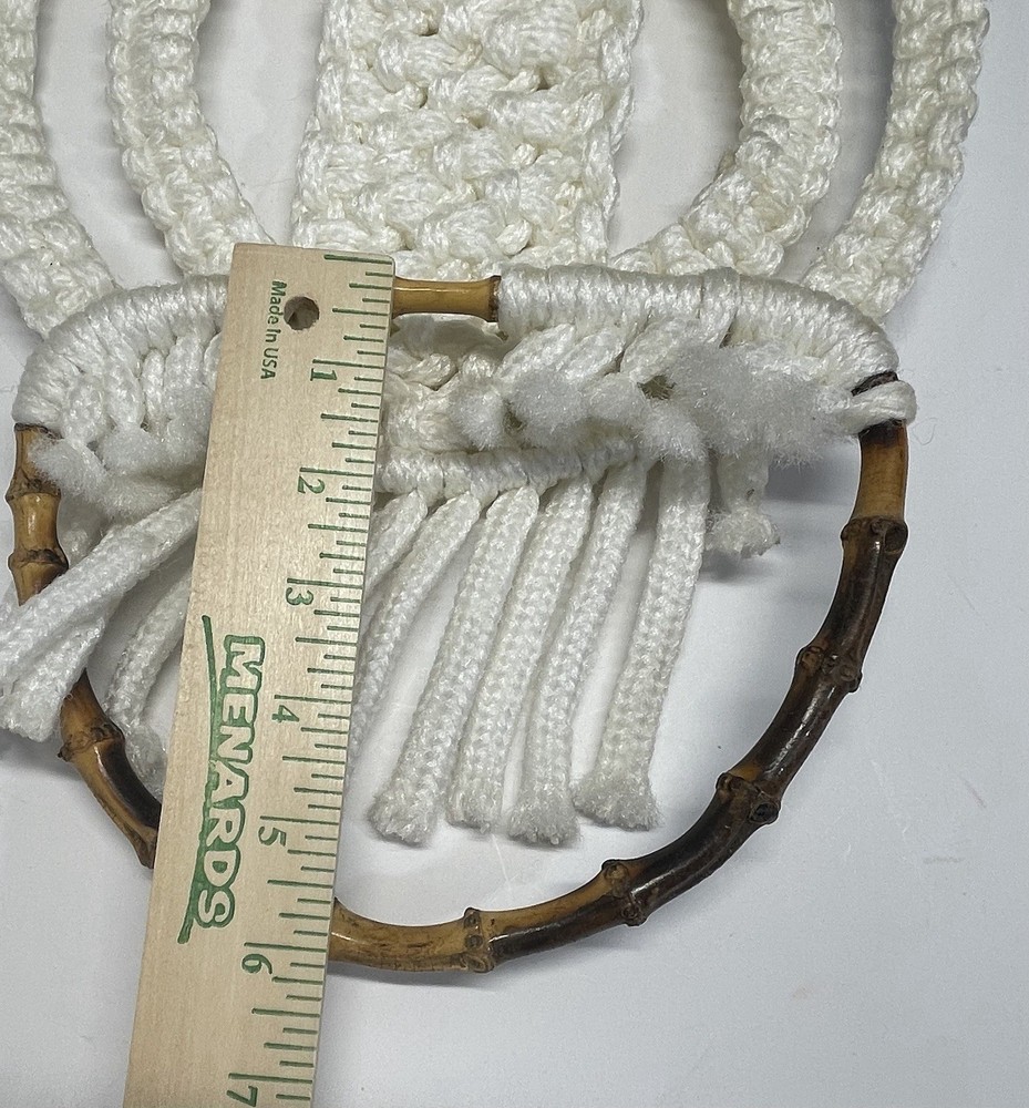 Frog Macrame Hanging Towel Holder White Ceramic Eyes Bamboo Handle Ring Toad 20”