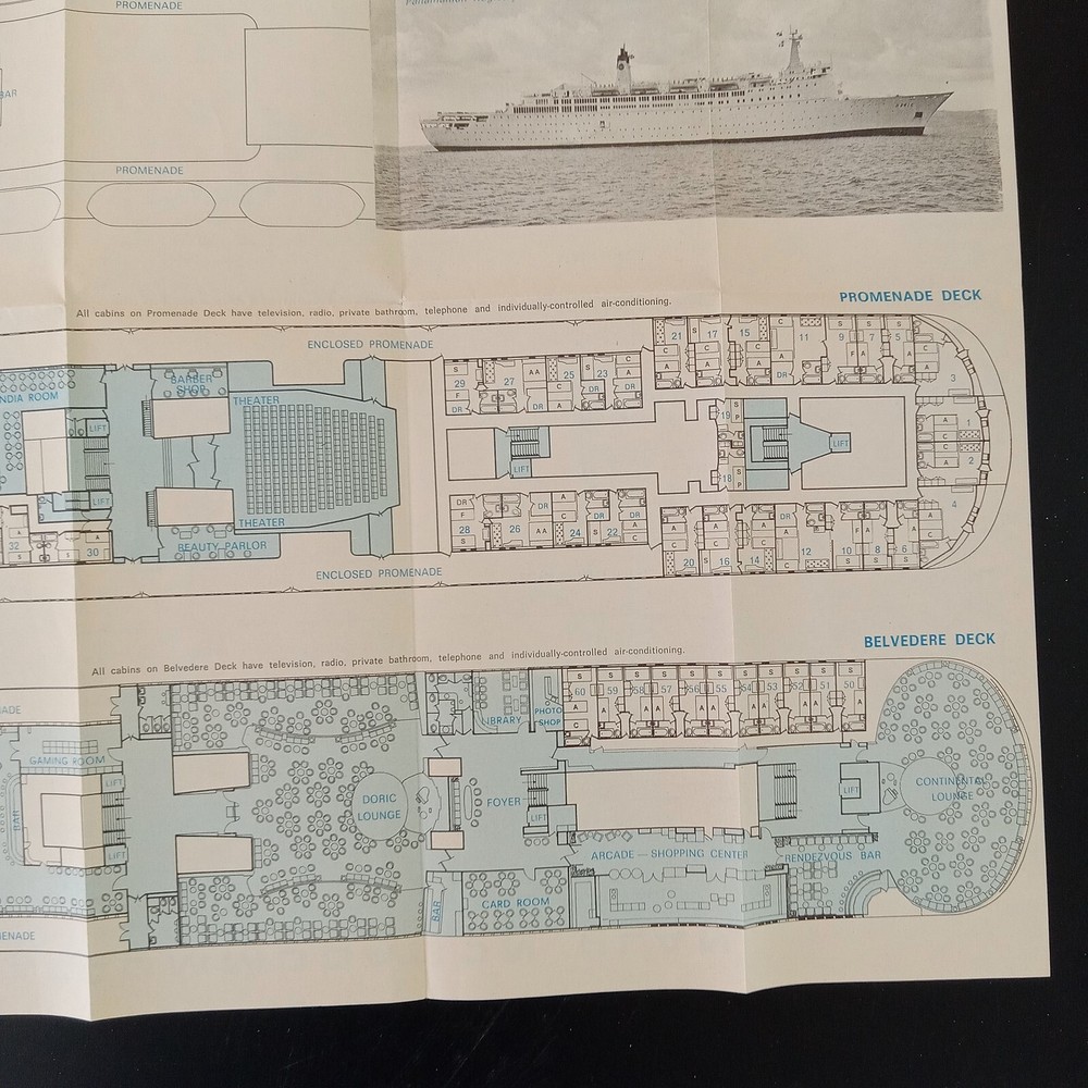 SS DORIC Home Lines Cruise Brochure Fold Out Deck Plan Poster October 1979