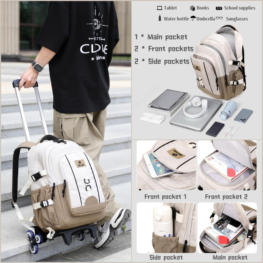Rolling Backpack Boys Elementary Middle Junior School 6 Wheels Grey Bookbag