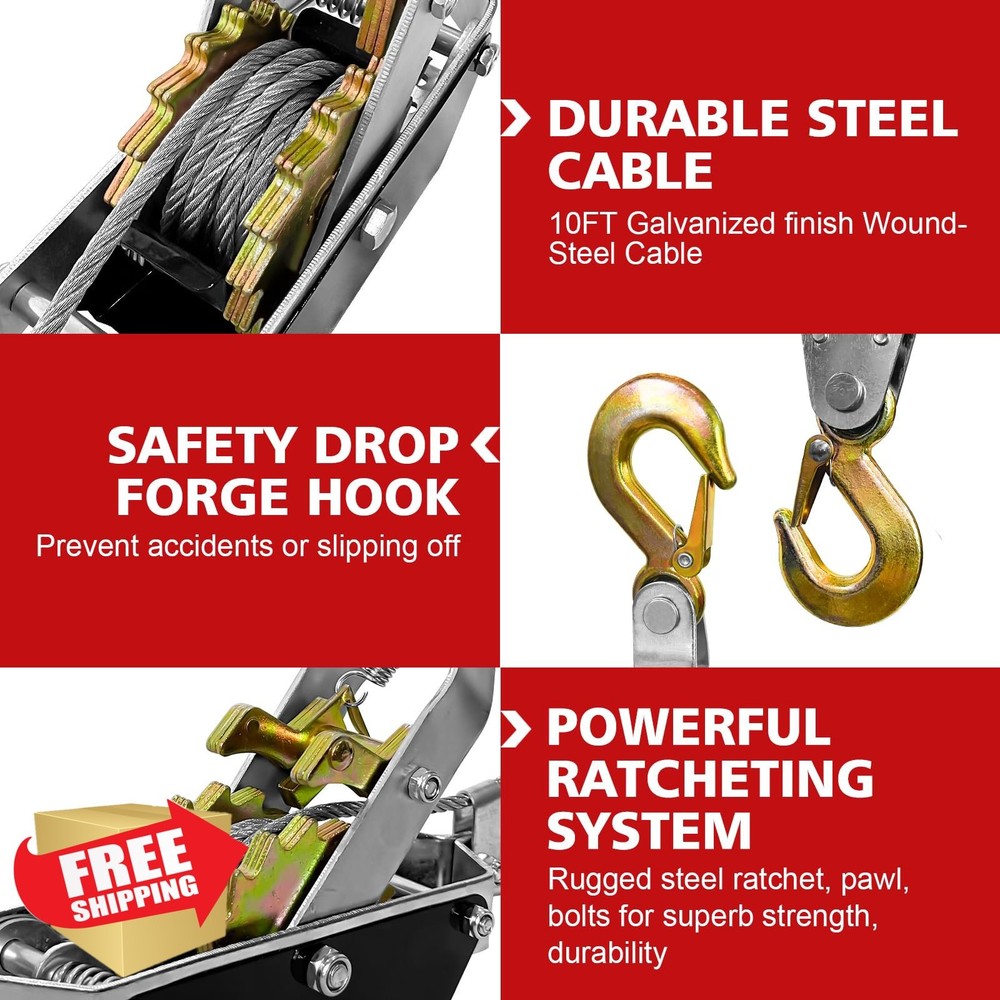 SENKEYFE Come Along Winch 2T, Heavy Duty Cable Puller, 2 Hooks