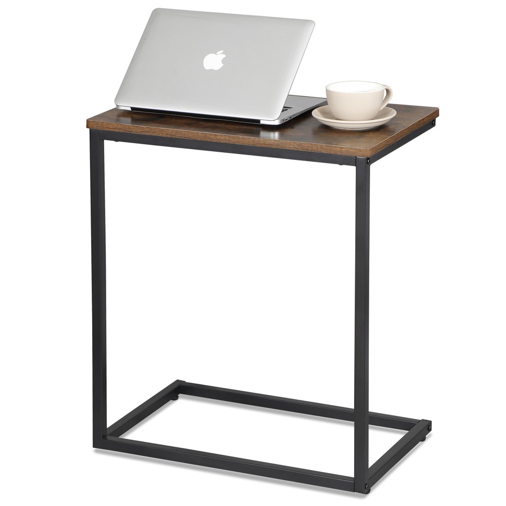 C Shaped End Table Living Room Side Table for Couch Slide Under Rustic Brown