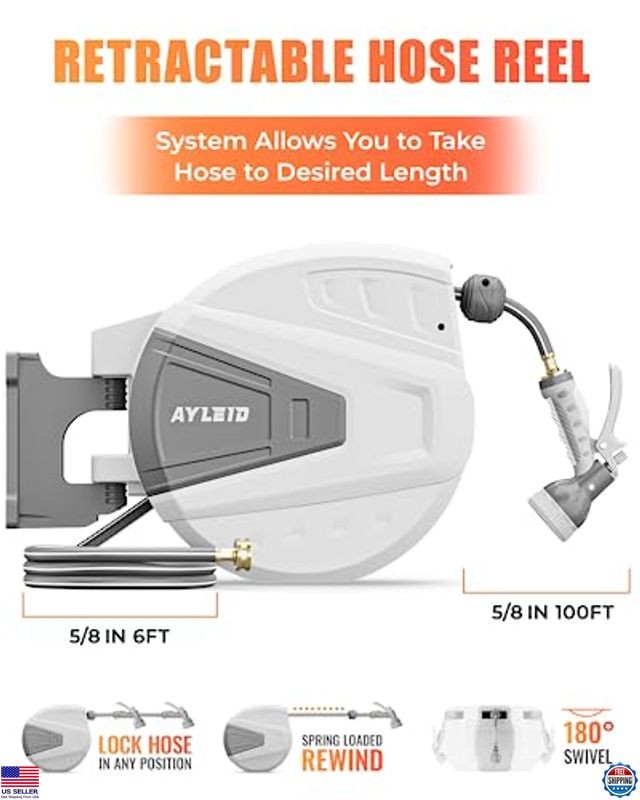 Retractable Garden Hose Reel 100FT with 9-Function Nozzle & Wall Mount Bracket