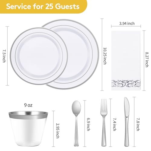 175 Pieces Dinnerware Set for Plastic Plates Disposable for Silver 25 Guests