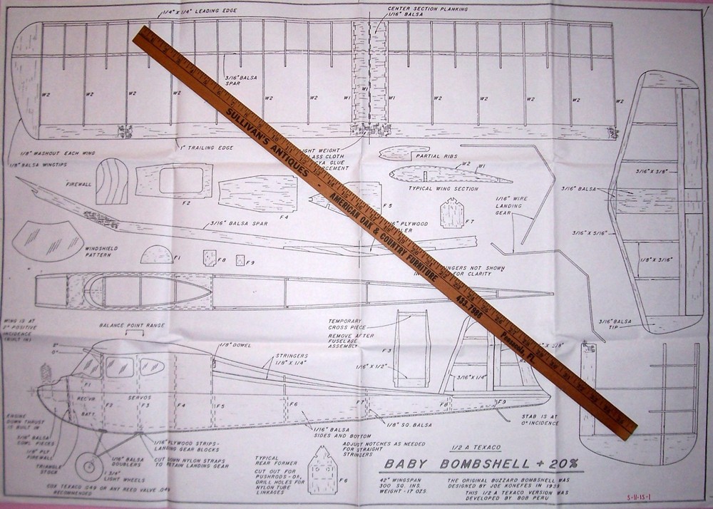 BABY BOMBSHELL PLAN + CONSTRUCTION ARTICLE to Build 42" 1/2A RC Model Airplane