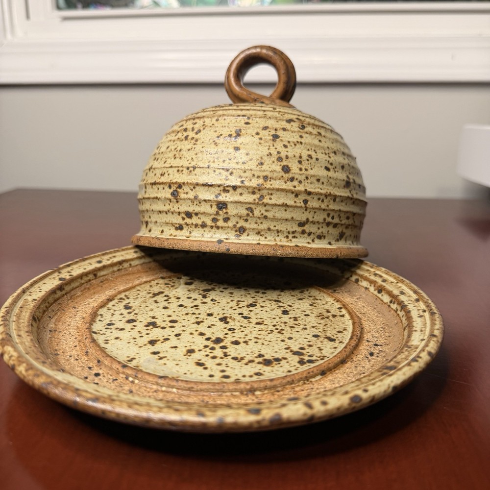 Signed Handmade Stoneware Speckled Covered Dome Butter Dish