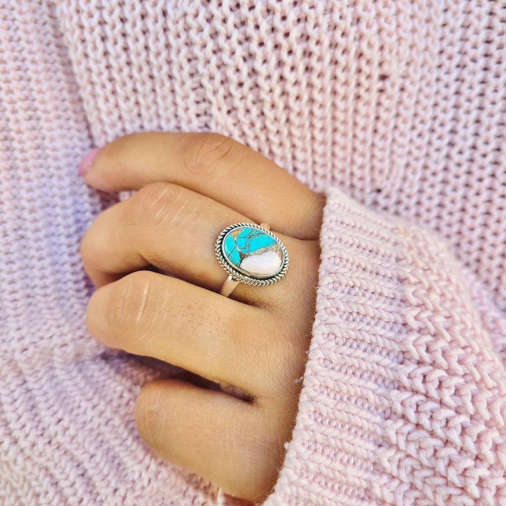 Oyster Copper Turquoise Ring 925 Sterling Silver Spiny Turquoise Statement Ring