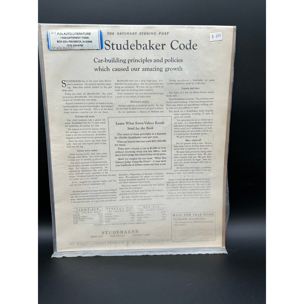 1924 Studebaker Code Vintage Ad Saturday Evening Post Light Special Big Six