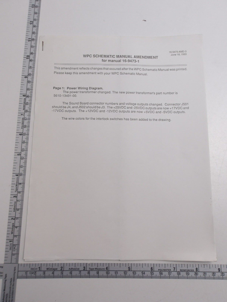 Williams: - Schematic Manual Amendment for manual 16-9473-1 - NOS